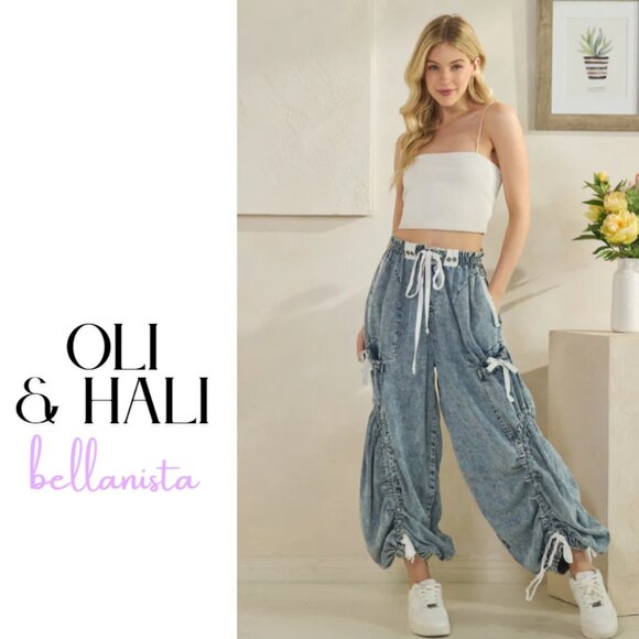 P0815 OLI & HALI Washed Drawstring Cinched Wide Leg Pants Jeans - Picture 1 of 7